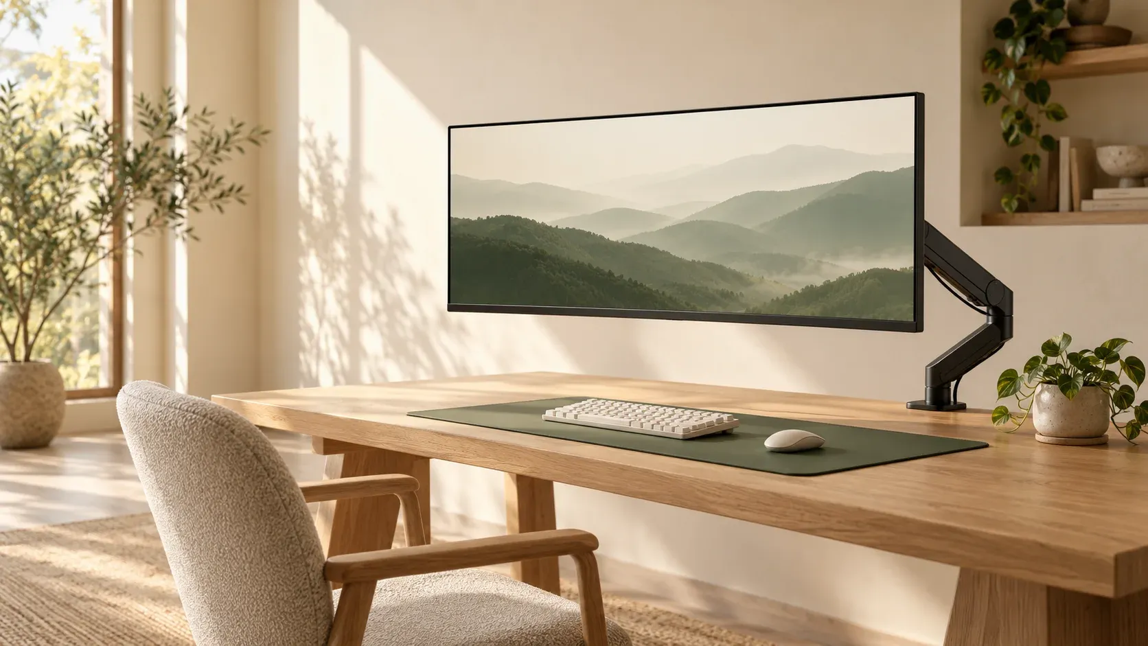 Concept workspace with an ultrawide screen on an articulated arm above a natural oak desk.